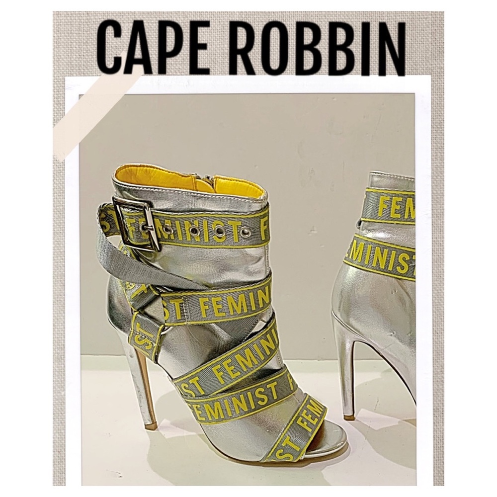 CAPE ROBBIN Booties Metallic Silver FEMINIST Text Ribbon Stiletto Booties Size 6